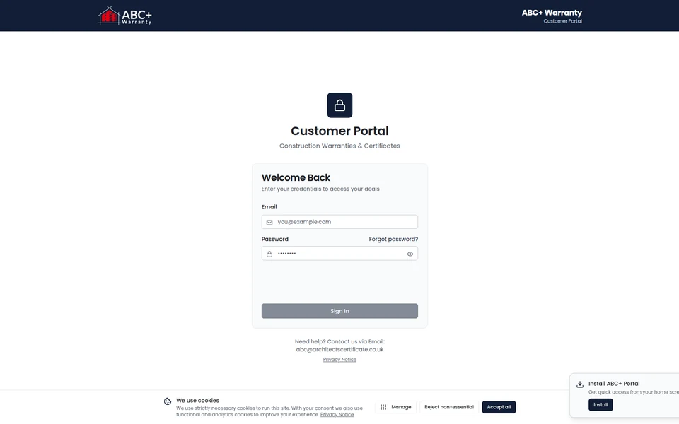 ABC+ Warranty Customer Portal project interface