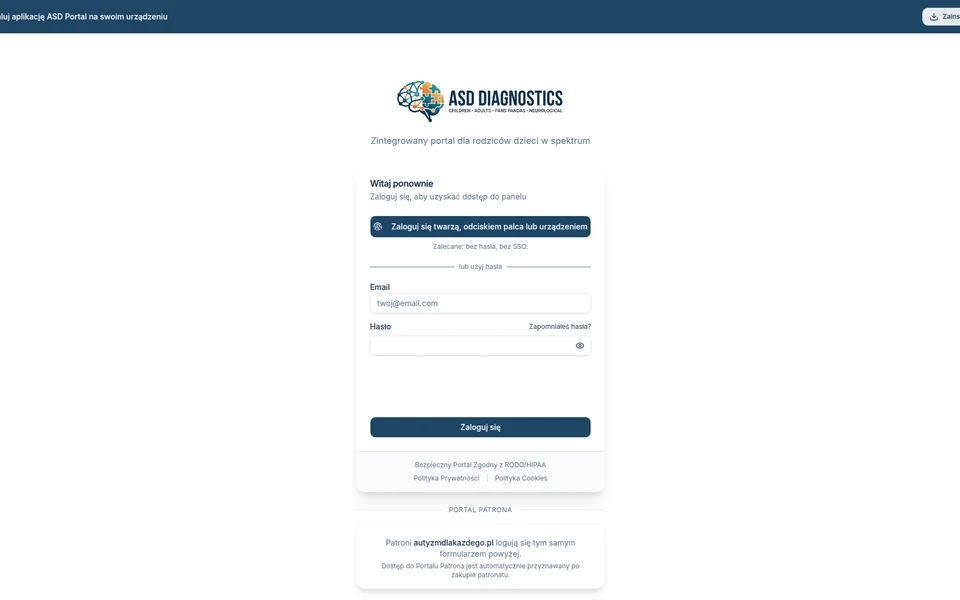 ASD Diagnostics Portal secure patient login